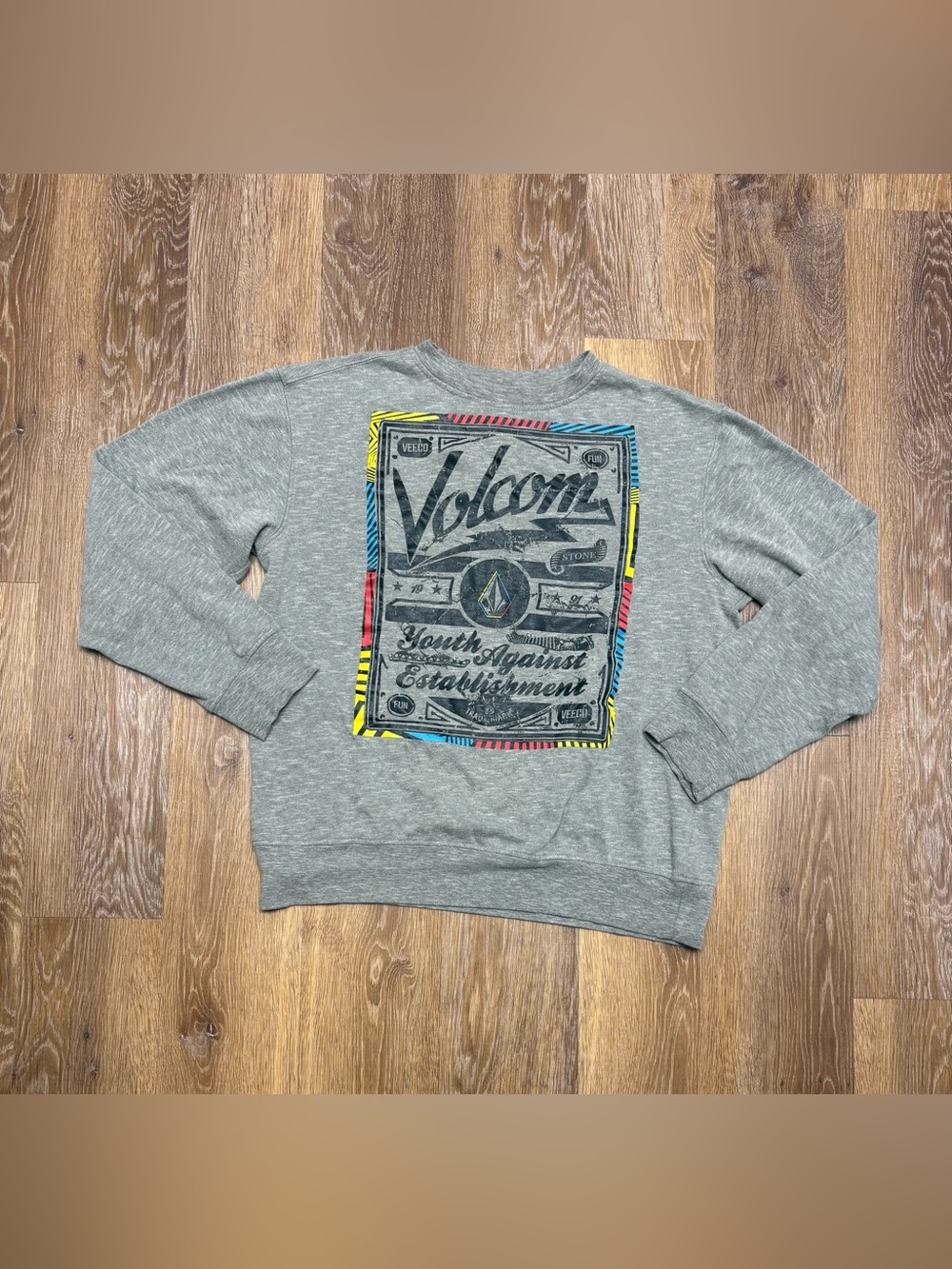 Y2K Volcom Gray Crewneck Sweatshirt with Multicolor Back Graphic